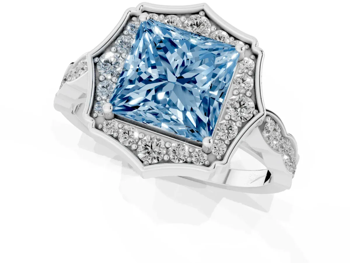 Fancy Blue Princess Cut Halo Diamond Engagement Ring with Milgrain Band and Four-Prong Setting Silver