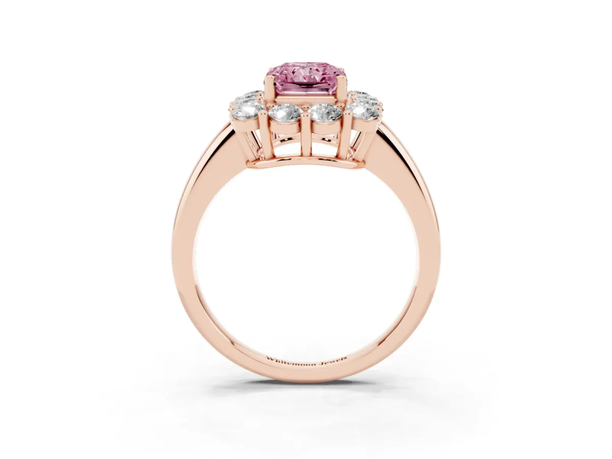 Fancy Pink Radiant Cut Halo Cluster Diamond Engagement Ring with Prong Setting and Polished Band Rose gold