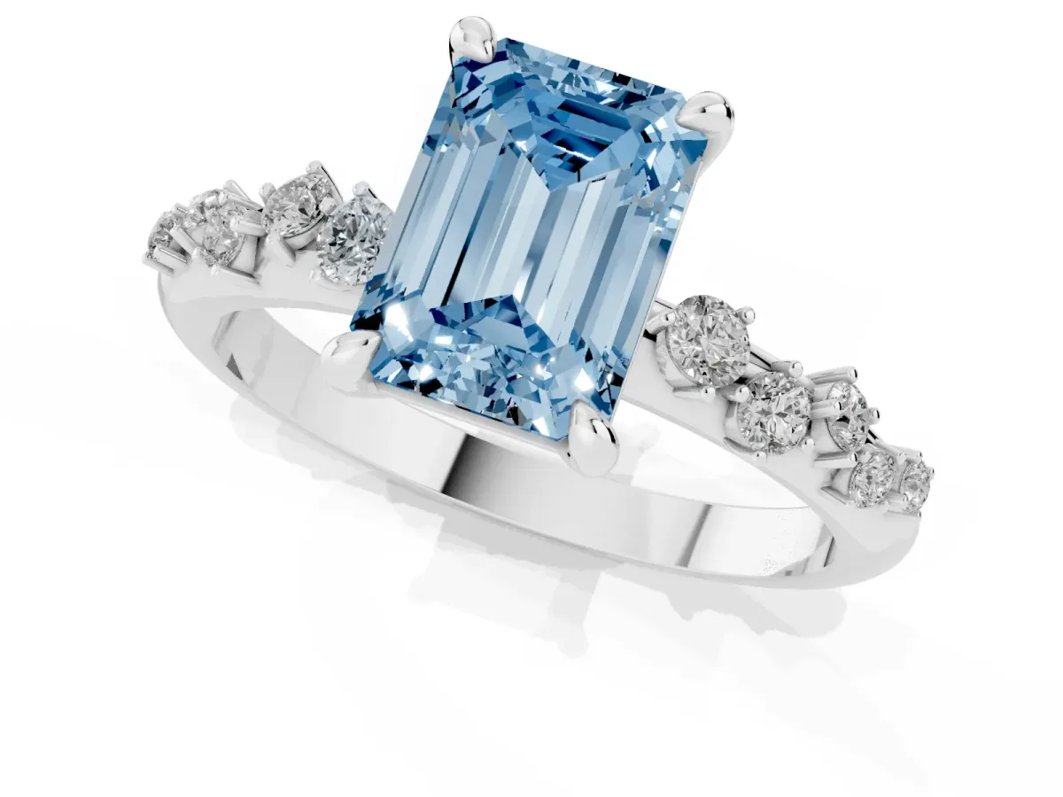 Fancy Blue Emerald Cut Cut Diamond Vine Band with Four-Prong Setting Silver