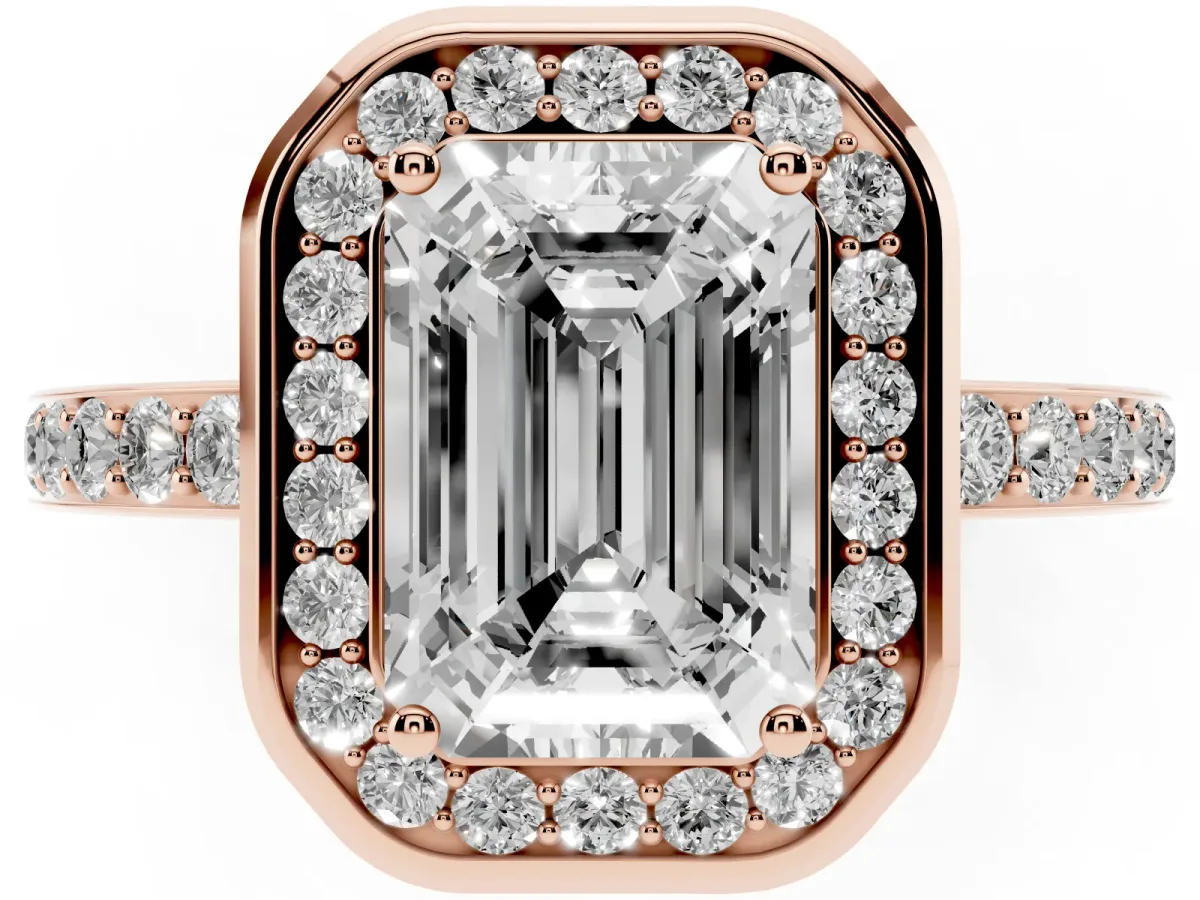 Emerald Cut Diamond Halo Ring with Bezel Frame and Pavé Band Rose gold