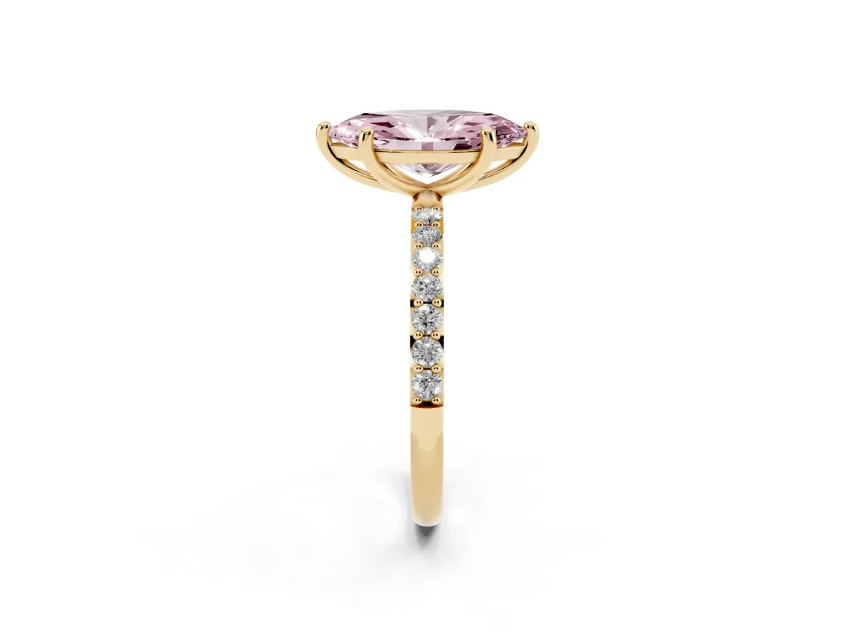 Fancy Pink Marquise Cut Diamond Solitaire Ring with Round Pavé Band and Prong Setting Yellow gold