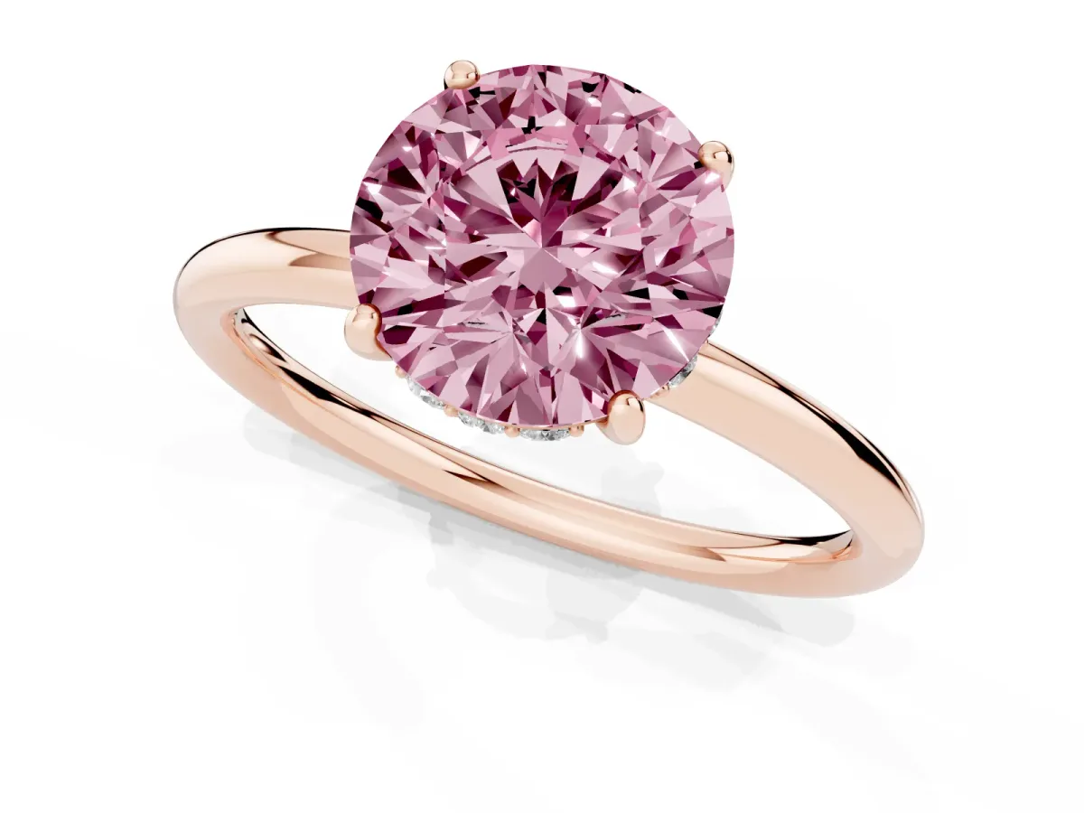 Fancy Pink Round Cut Solitaire Diamond Ring with a Classic Band and Four-Prong Setting Rose gold