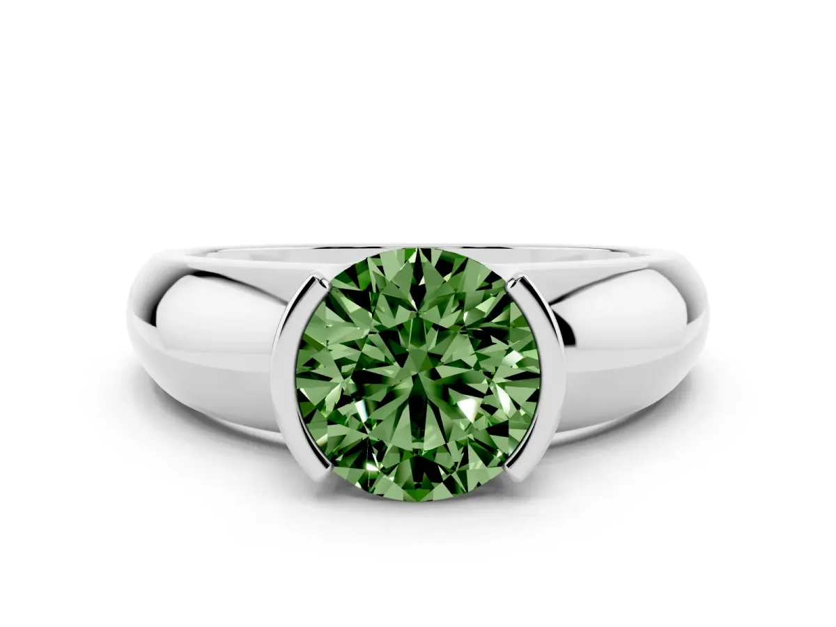 Fancy Green Round Cut Solitaire Tension Set Diamond Ring with Wide Band White gold