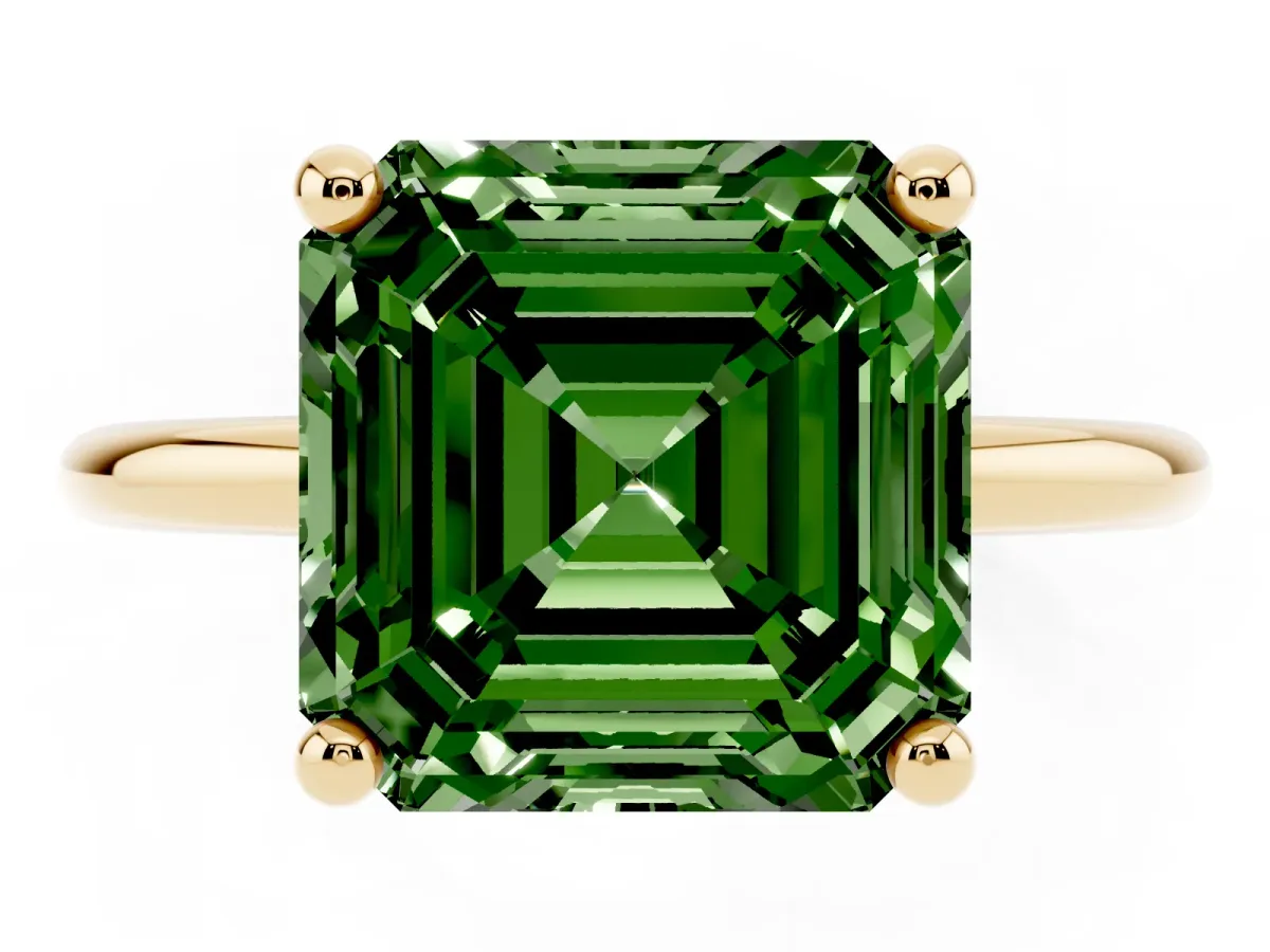 Fancy Green Asscher Cut Solitaire Diamond Ring with 4-Prong Setting on a Classic Band Yellow gold