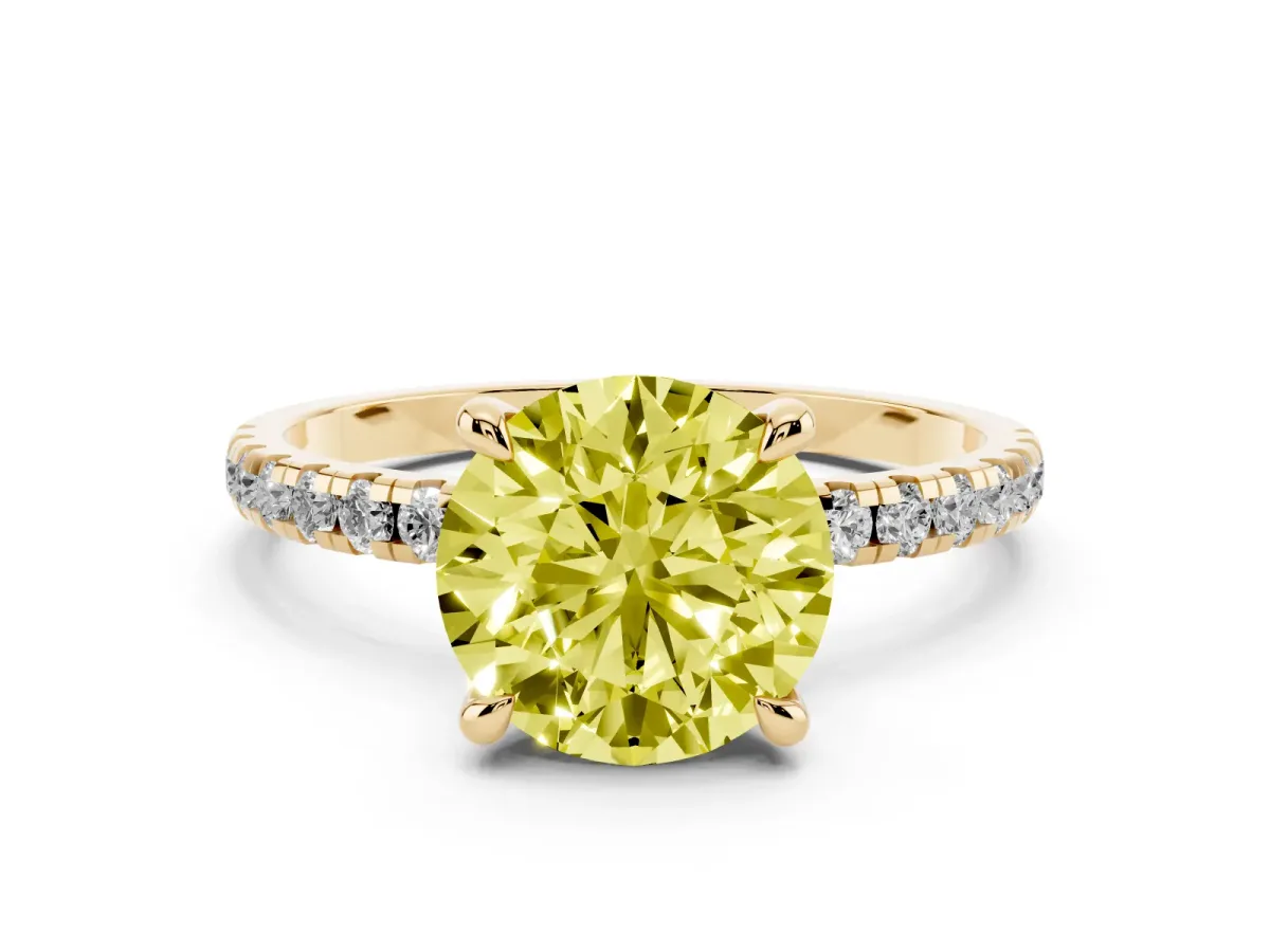 Fancy Yellow Round Cut Diamond Brilliant Solitaire Ring with Pavé Band and Four-Prong Setting Yellow gold
