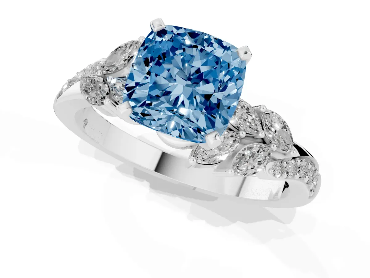 Fancy Blue Cushion Cut Solitaire Marquise Twist Band with Six-Prong Setting Silver
