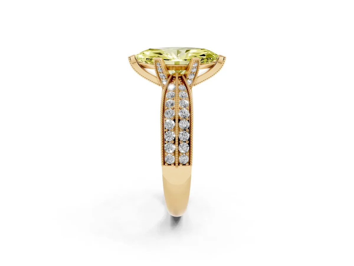 Fancy Yellow Marquise Cut Diamond Solitaire Ring with Milgrain Round Pavé Band and Prong Setting Yellow gold