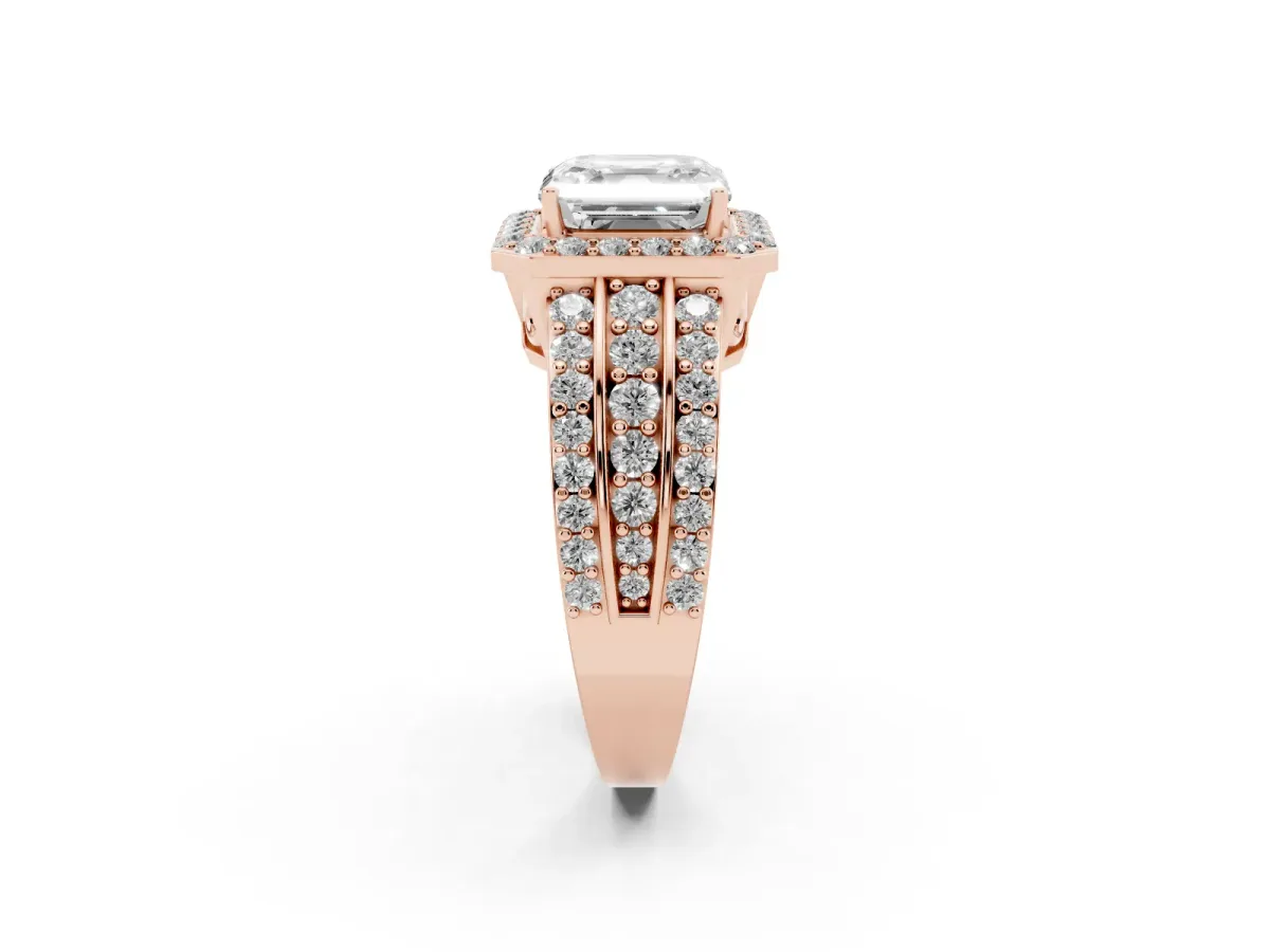 Asscher Cut Halo Diamond Ring with Round Split Shank and Prong Setting Rose gold
