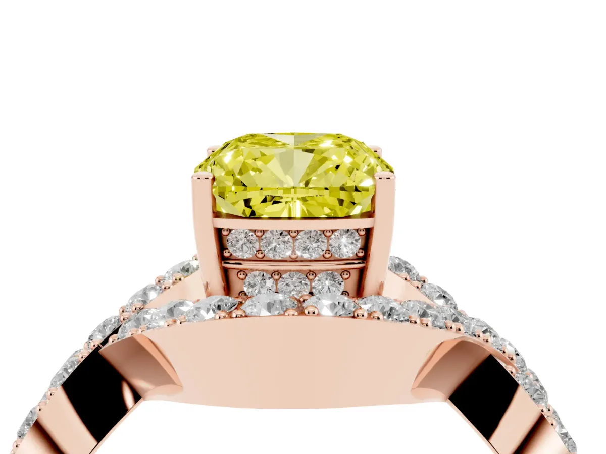 Fancy Yellow Cushion Cut Solitaire Twist Band Pavé Diamond Engagement Ring Rose gold