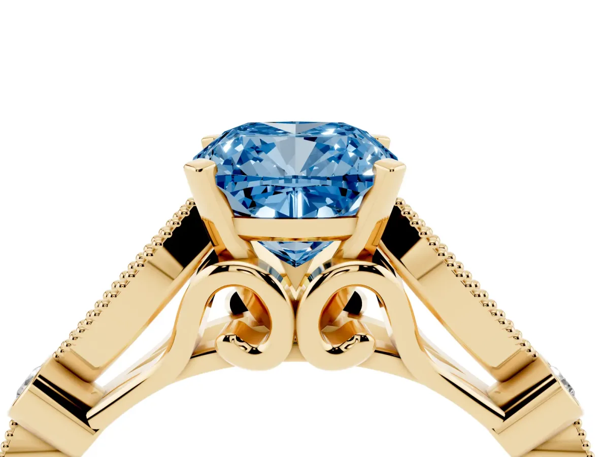 Fancy Blue Cushion Cut Cut Diamond with Milgrain Marquise and Bezel Accents on a Solitaire Band with Prong Setting Yellow gold