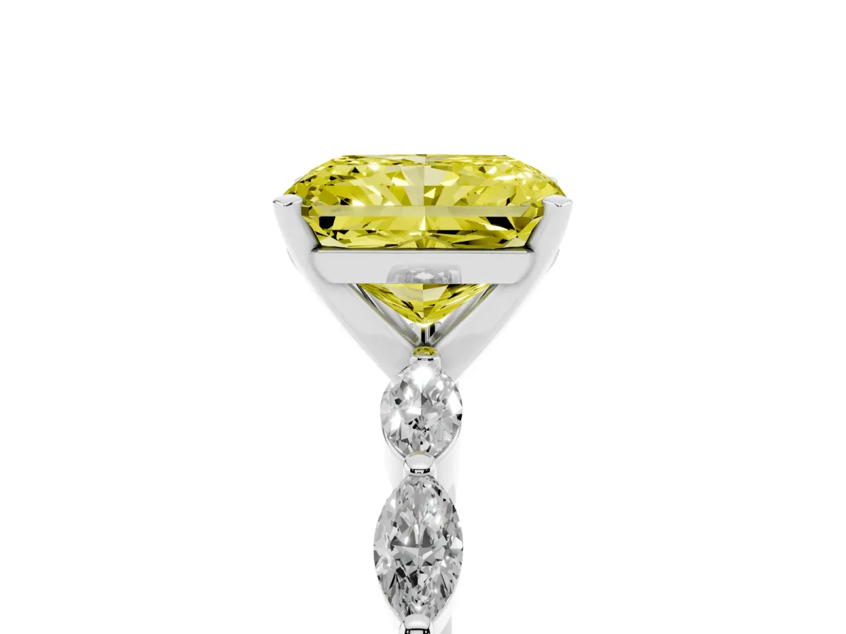 Fancy Yellow Radiant Cut Diamond Ring with Marquise Side Stones and Prong Setting Platinum