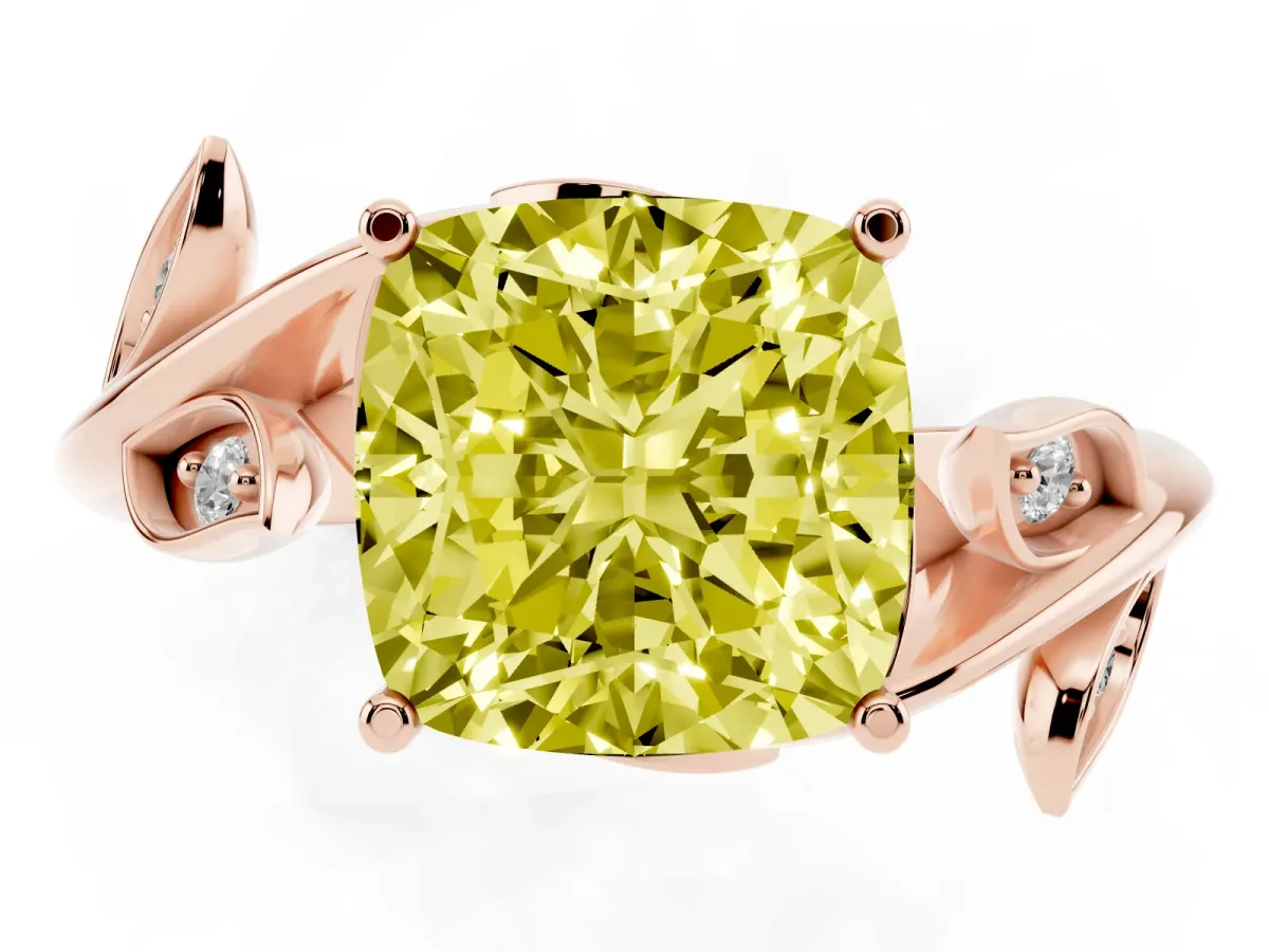 Fancy Yellow Cushion Cut Solitaire Twist Engagement Ring with Leaf Accents and Prong Setting Rose gold