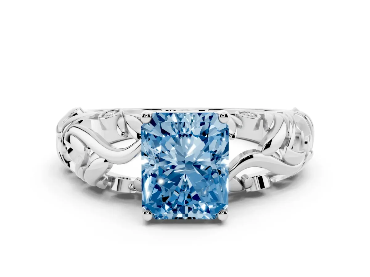 Fancy Blue Radiant Cut Solitaire Diamond Leaf-Inspired Vine Band Ring with Prong Setting Silver
