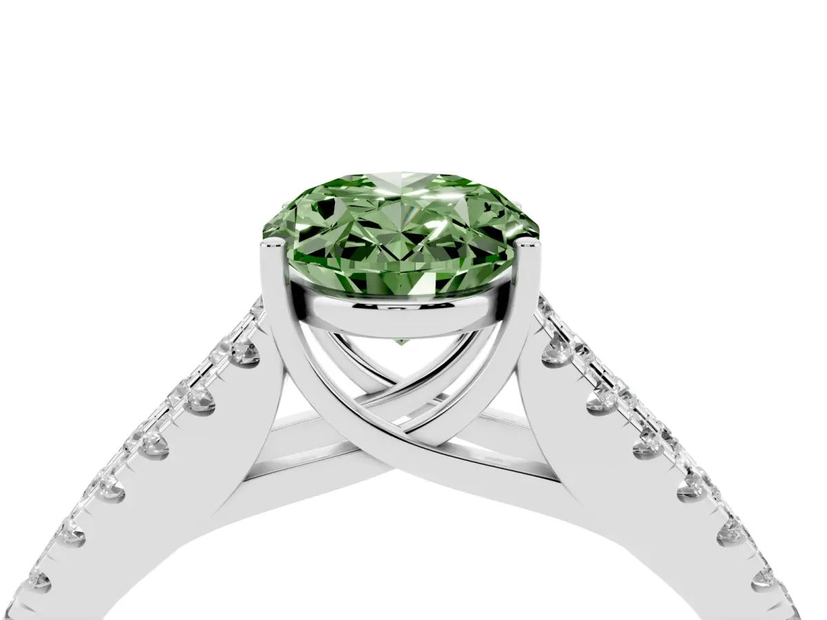 Fancy Green Oval Cut Diamond Split Shank Pavé Engagement Ring with Four-Prong Setting White gold
