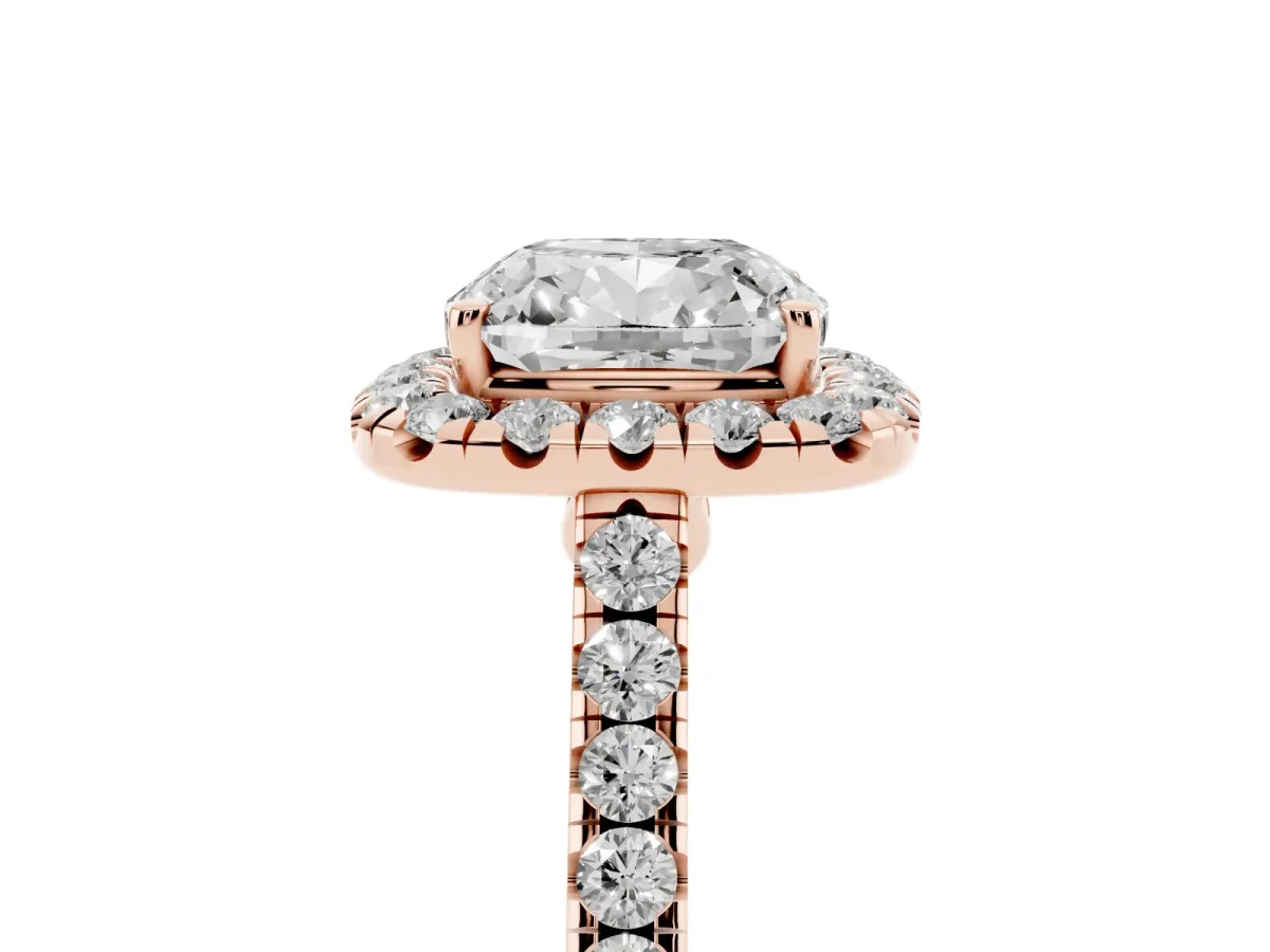 Cushion Cut Halo Pave Diamond Engagement Ring with Four-Prong Setting Rose gold