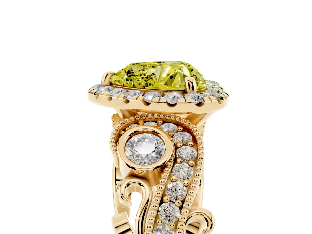 Fancy Yellow Heart Cut Halo Diamond Ring with Milgrain and Bezel Accents on a Split Shank Band Yellow gold