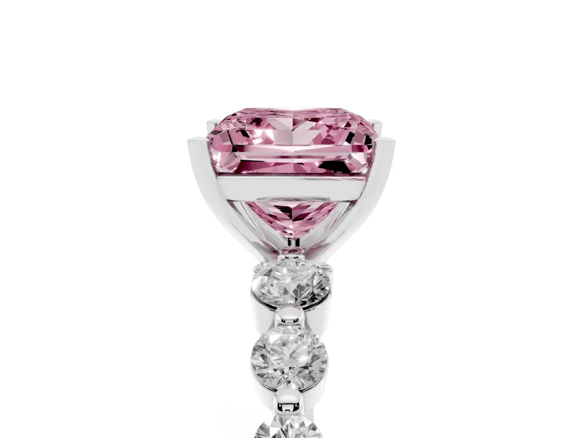 Fancy Pink Princess Cut Solitaire Diamond Ring with Pave Band and Four-Prong Setting Silver