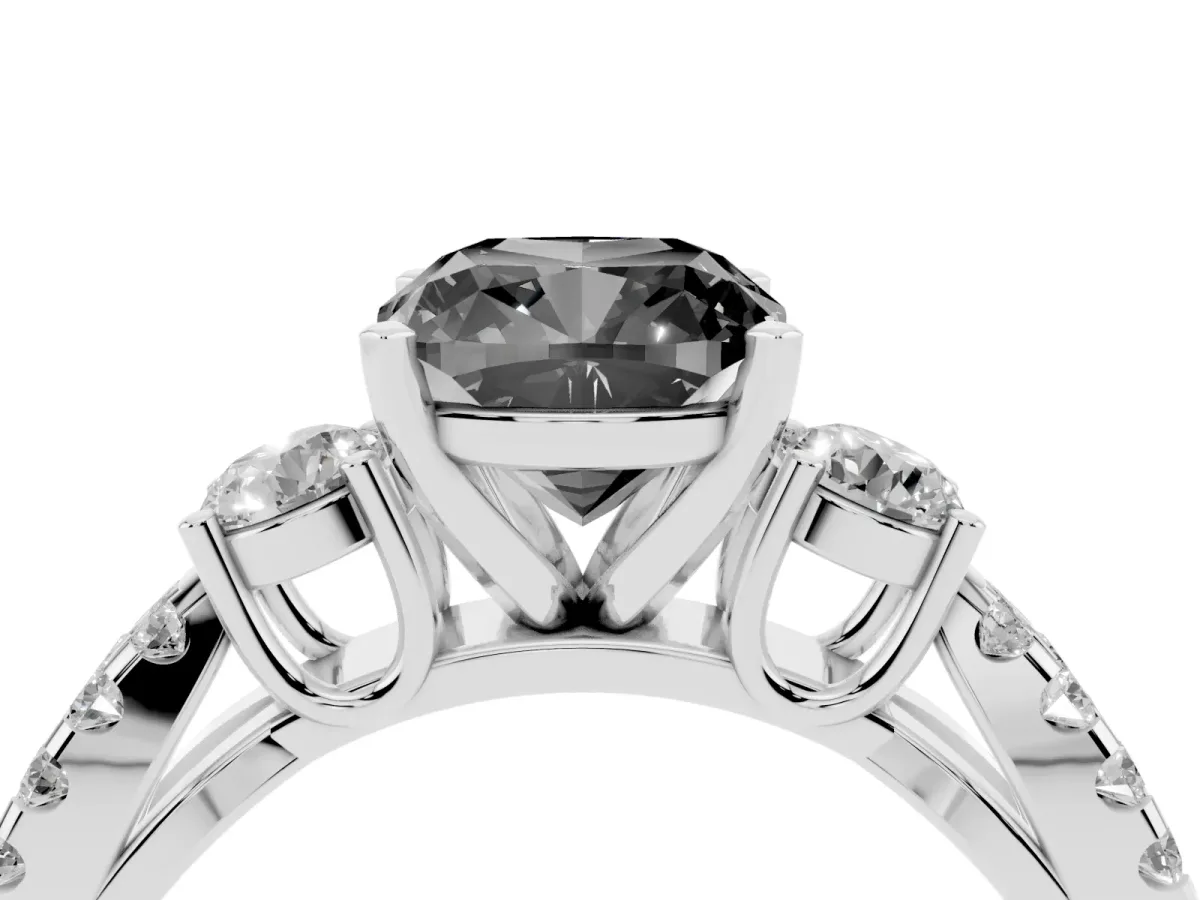 Fancy Black Cushion Cut Diamond Three-Stone Ring with Pavé Split Shank and Four-Prong Setting Platinum