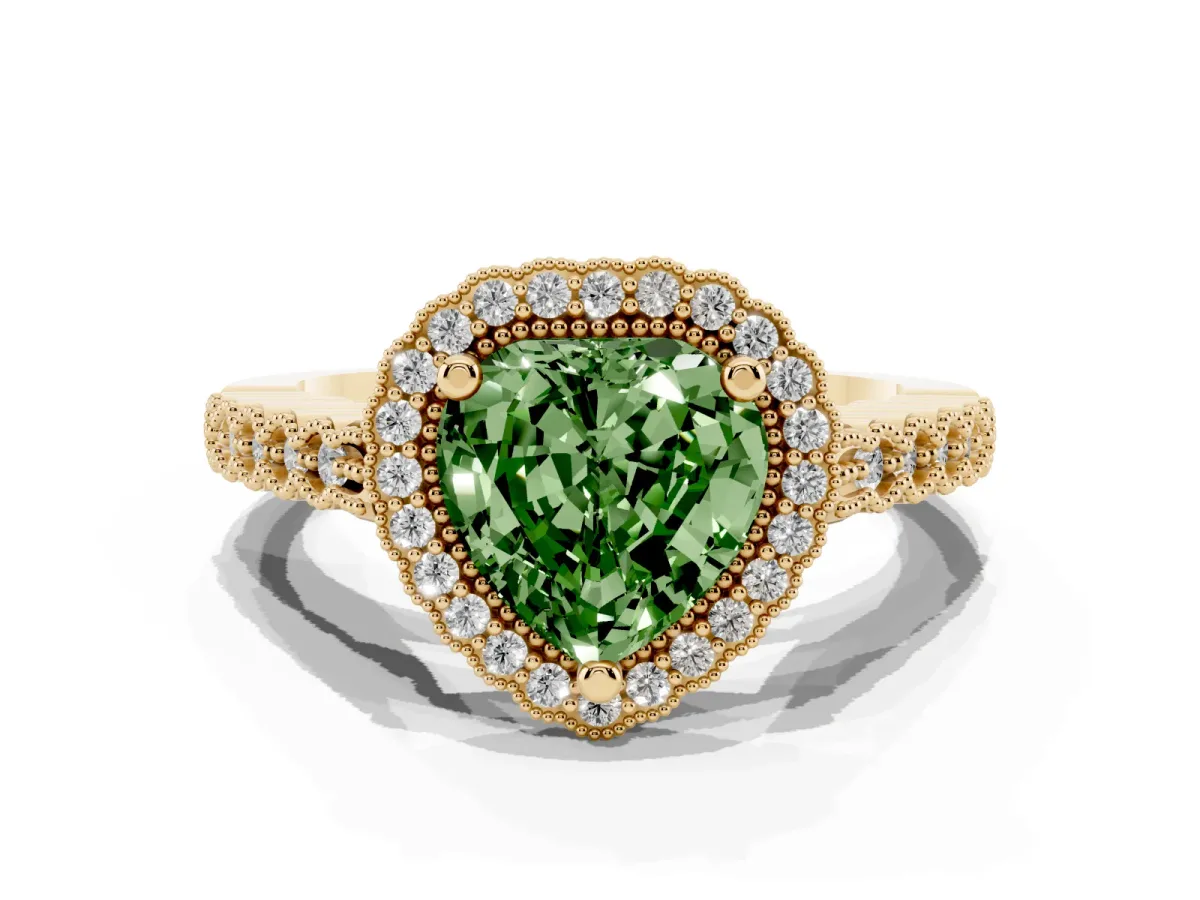 Fancy Green Heart Cut Cut Halo Pavé Solitaire Ring with Milgrain Band Yellow gold