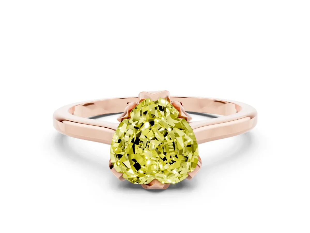Fancy Yellow Heart Cut Diamond Solitaire Ring with Flower Prong Setting and Classic Band Rose gold