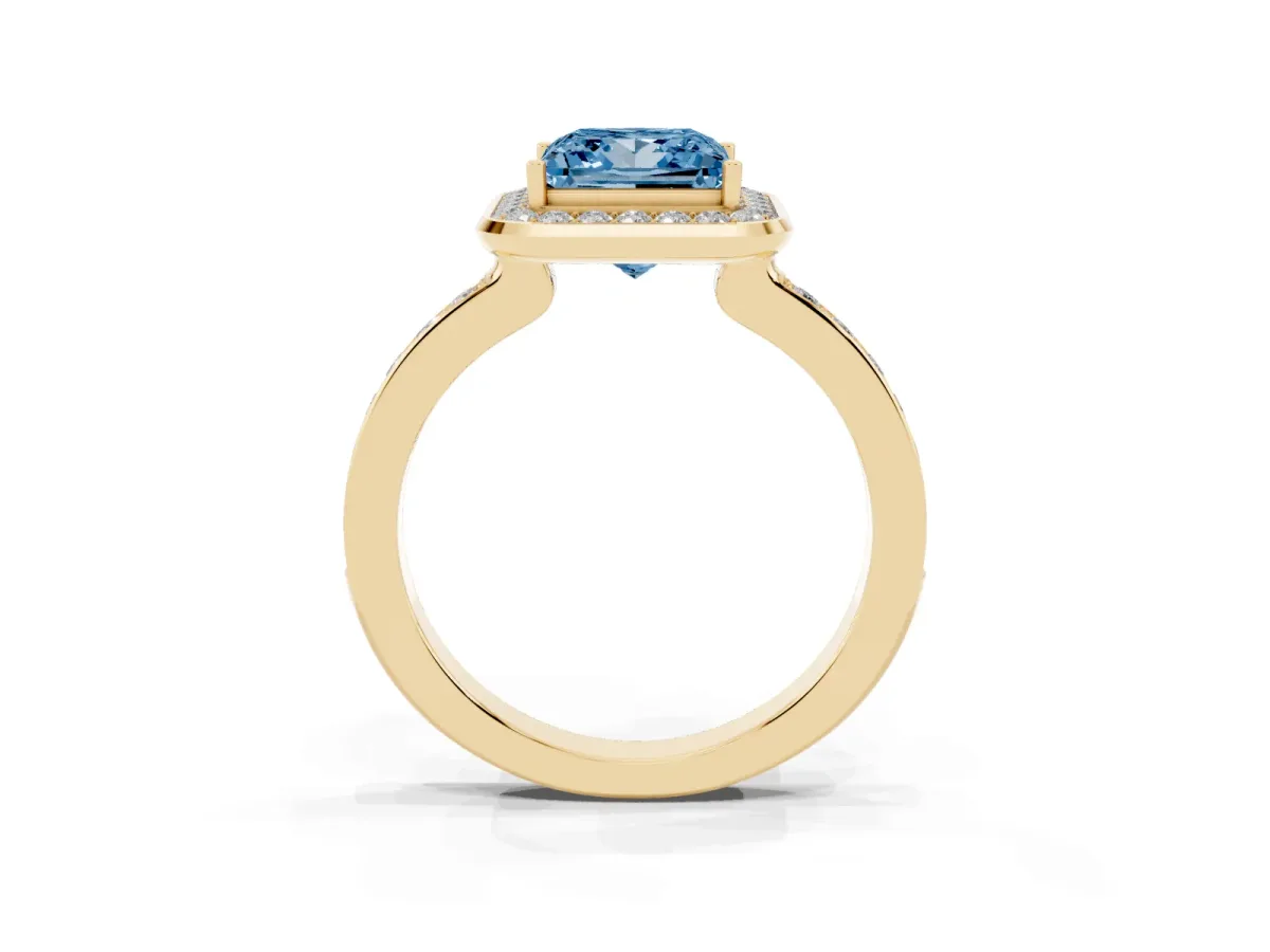 Fancy Blue Princess Cut Diamond Halo Ring with Bezel Frame and Pavé Band Yellow gold