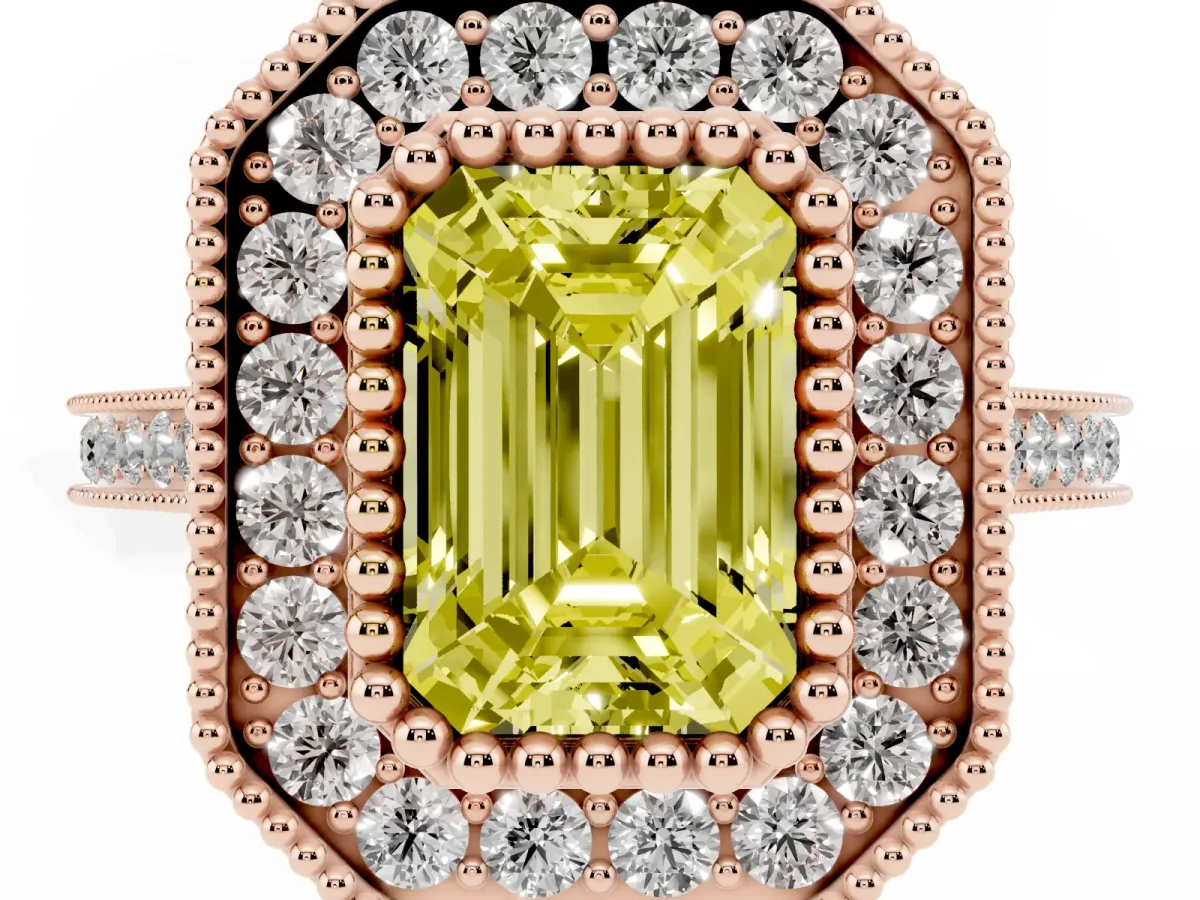 Fancy Yellow Emerald Cut Diamond Halo Ring with Milgrain Frame and Pavé Band Rose gold