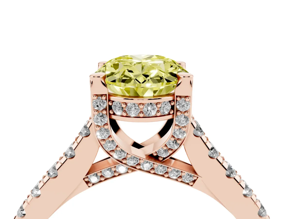Fancy Yellow Oval Cut Brilliant Diamond Solitaire with Pavé Band and Four-Prong Setting Rose gold