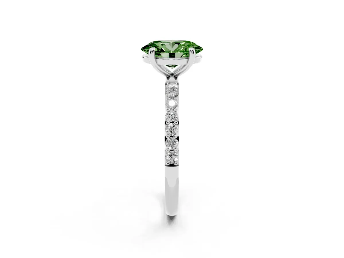 Fancy Green Oval Cut Diamond Solitaire Ring with Round Pavé Band and Prong Setting Silver