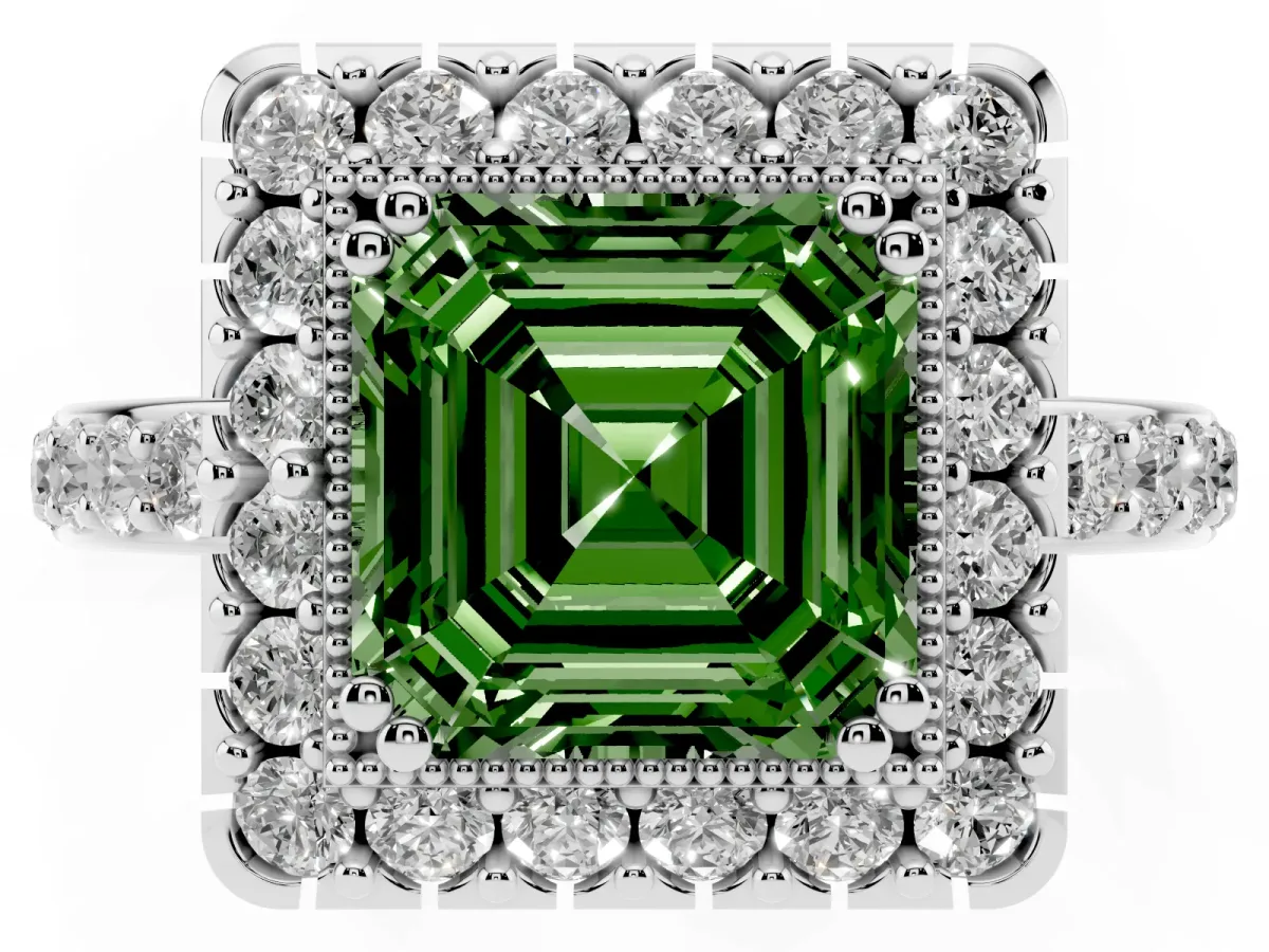Fancy Green Asscher Cut Diamond Halo Ring with Pavé Band and Prong Setting White gold