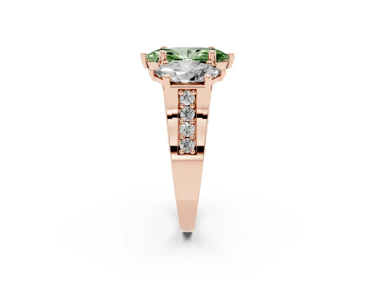 Fancy Green Marquise Cut Diamond Three-Stone Ring with Channel Set Band and Four-Prong Setting Rose gold
