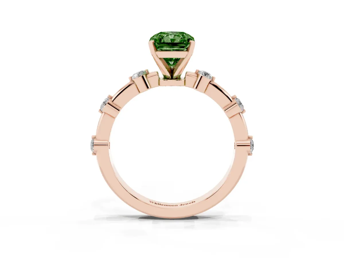 Fancy Green Radiant Cut Solitaire Diamond Ring with Bezel Set Side Stones and Prong Setting Rose gold