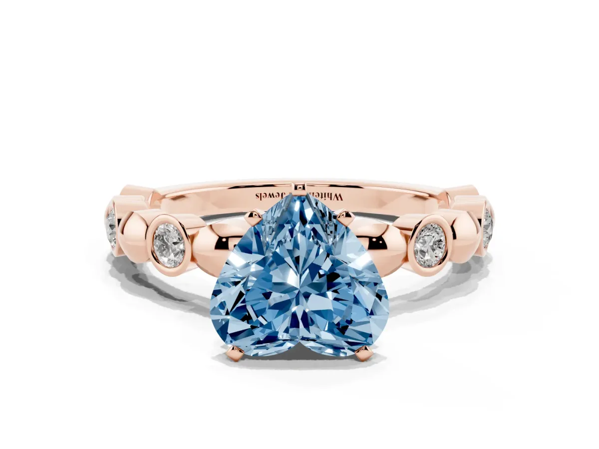 Fancy Blue Heart Cut Solitaire Bezel-Set Diamond Ring with Beaded Band and Four-Prong Setting Rose gold