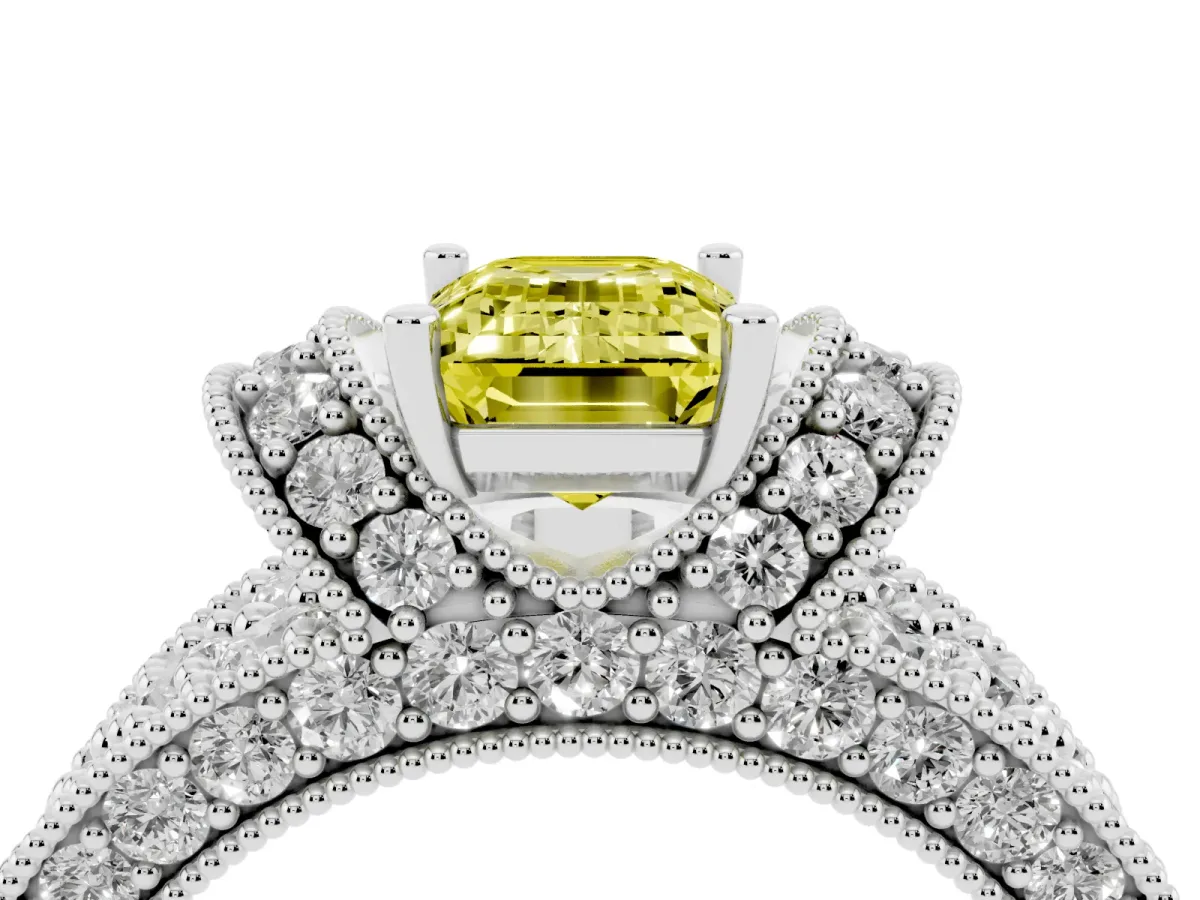 Fancy Yellow Emerald Cut Halo Pave Diamond Engagement Ring with Milgrain Detailing Silver