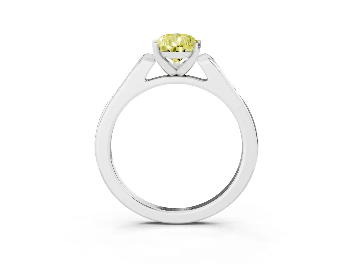 Fancy Yellow Pear Cut Diamond Solitaire Ring with Channel Set Round Band and Prong Setting Silver