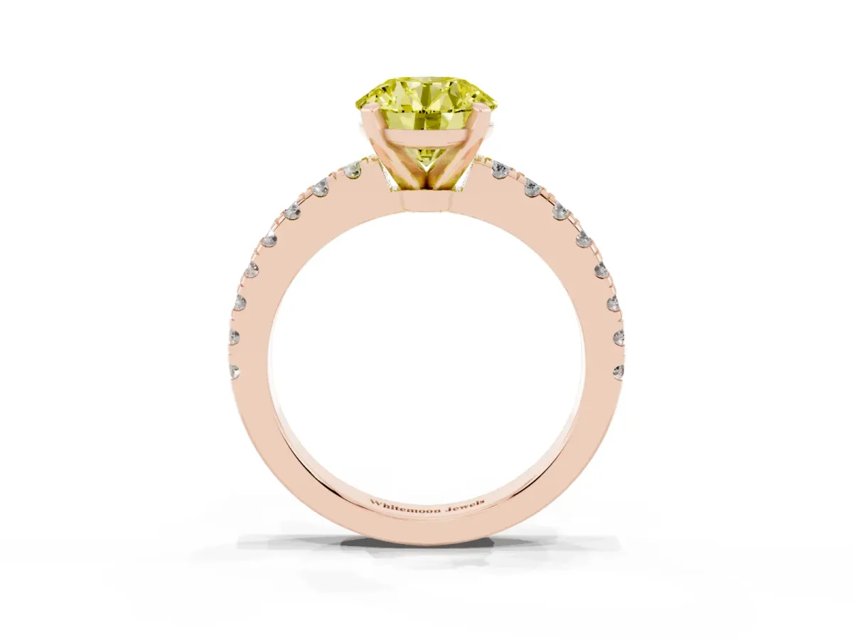 Fancy Yellow Round Cut Solitaire Diamond with Pavé Band and Four-Prong Setting Rose gold