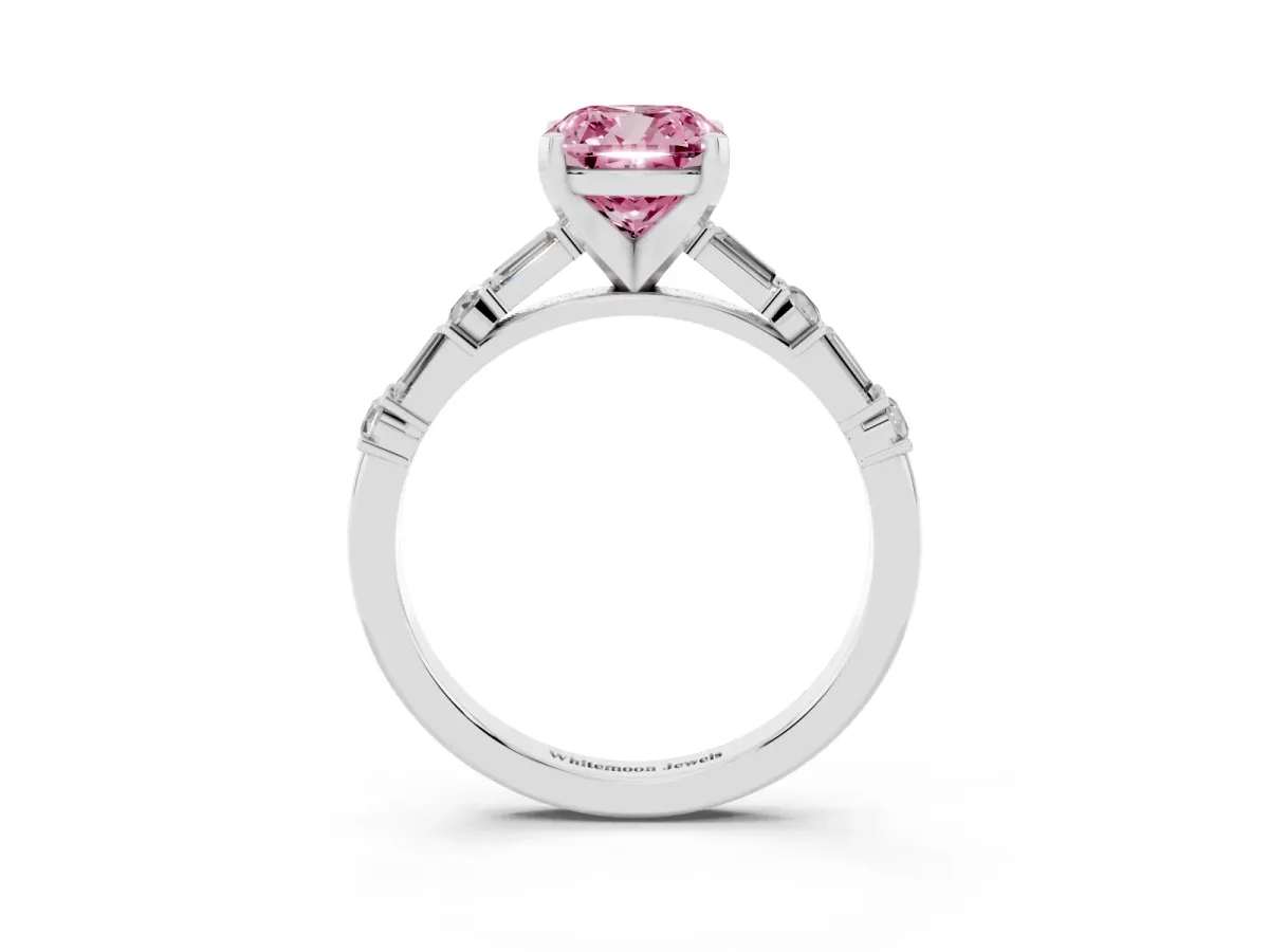 Fancy Pink Cushion Cut Diamond Solitaire with Side Baguettes and Channel Set Band Silver