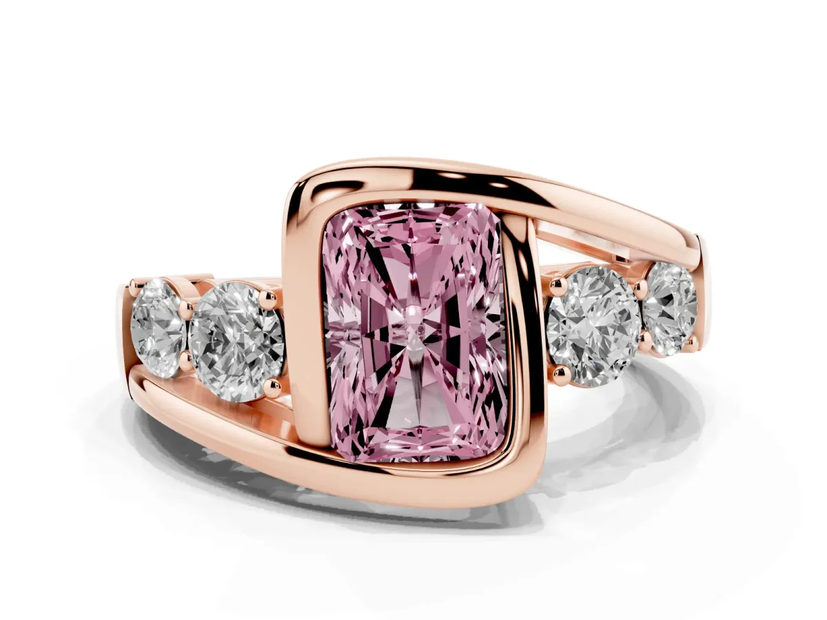 Fancy Pink Bezel Set Radiant Cut Diamond Bypass Ring with Round Accents Rose gold
