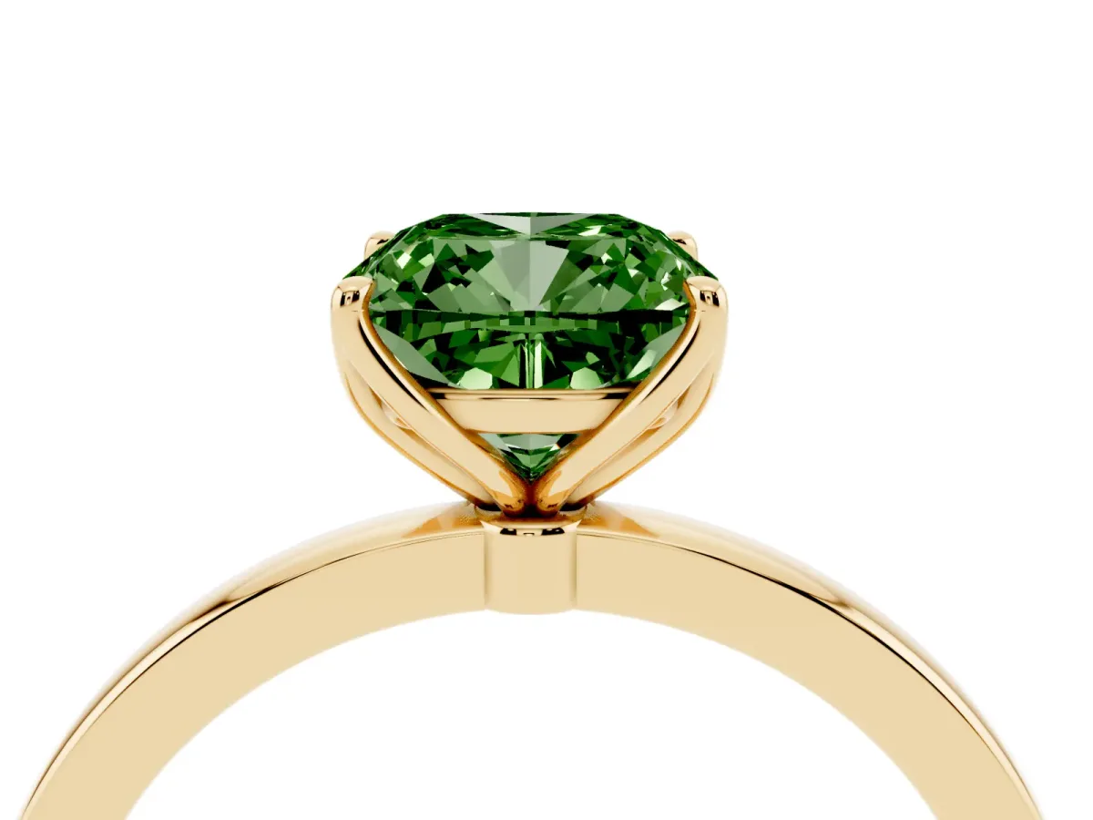 Fancy Green Cushion Cut Diamond Solitaire Ring with Thin Band and Prong Setting Yellow gold