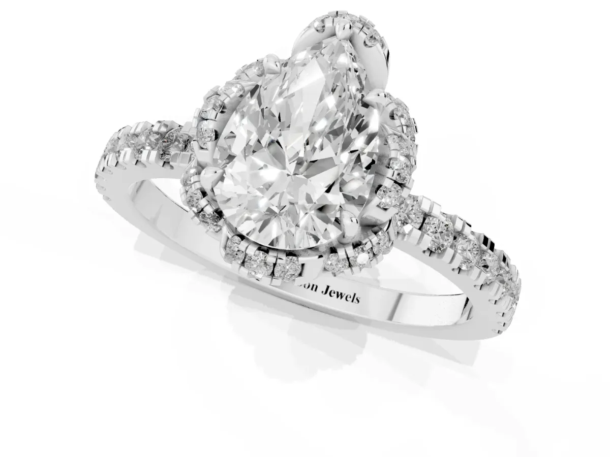 Pear Cut Halo Diamond Pave Band Ring with Four-Prong Setting Platinum