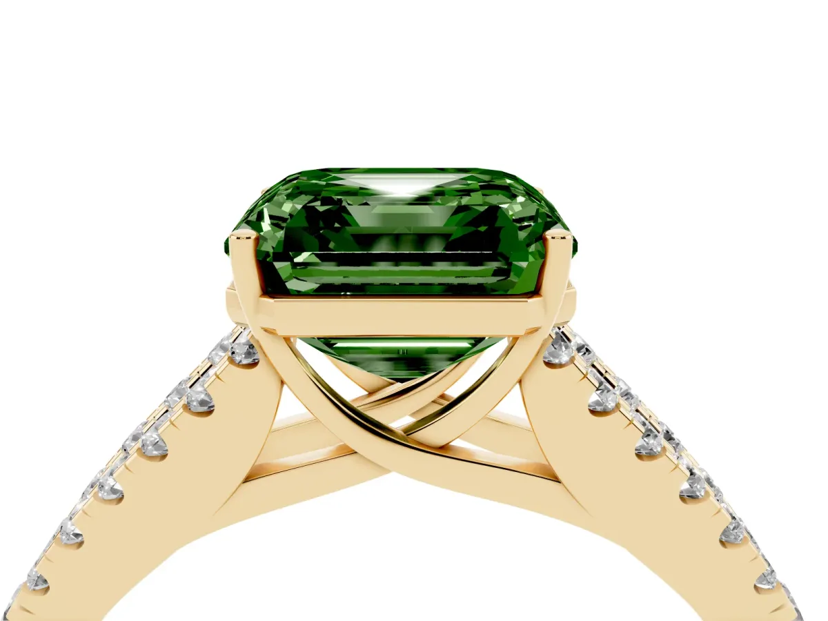 Fancy Green Asscher Cut Diamond Split Shank Pavé Engagement Ring with Four-Prong Setting Yellow gold