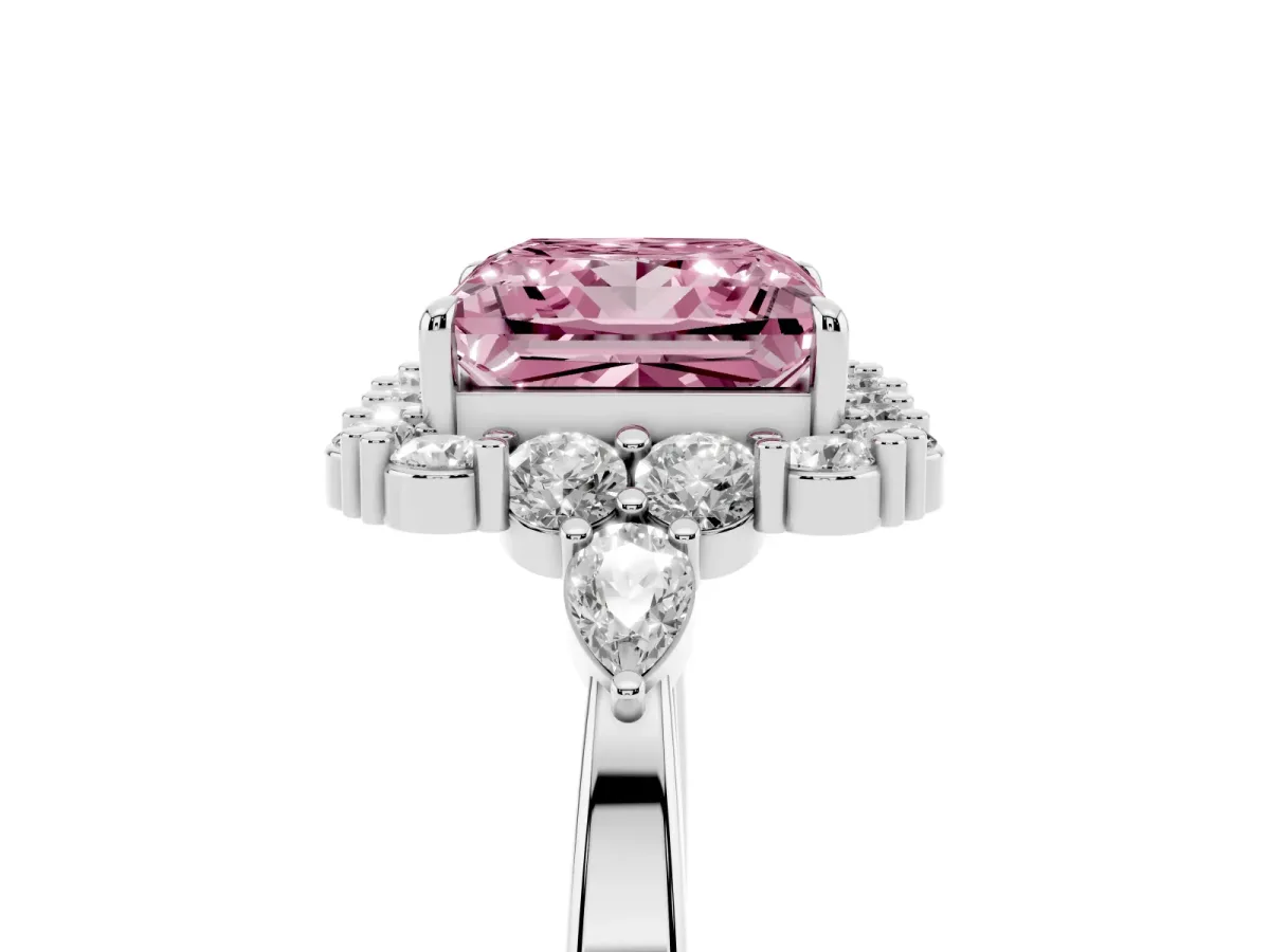 Fancy Pink Princess Cut Diamond Halo Ring with Pear Side Stones and Prong Setting Silver