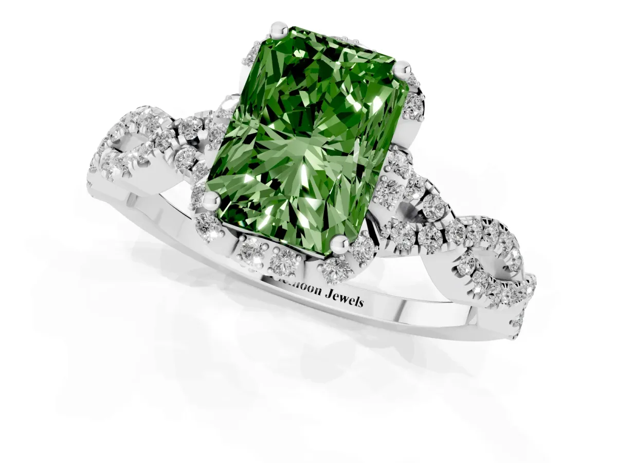 Fancy Green Radiant Cut Halo Twist Band Solitaire Ring with Six-Prong Setting Silver