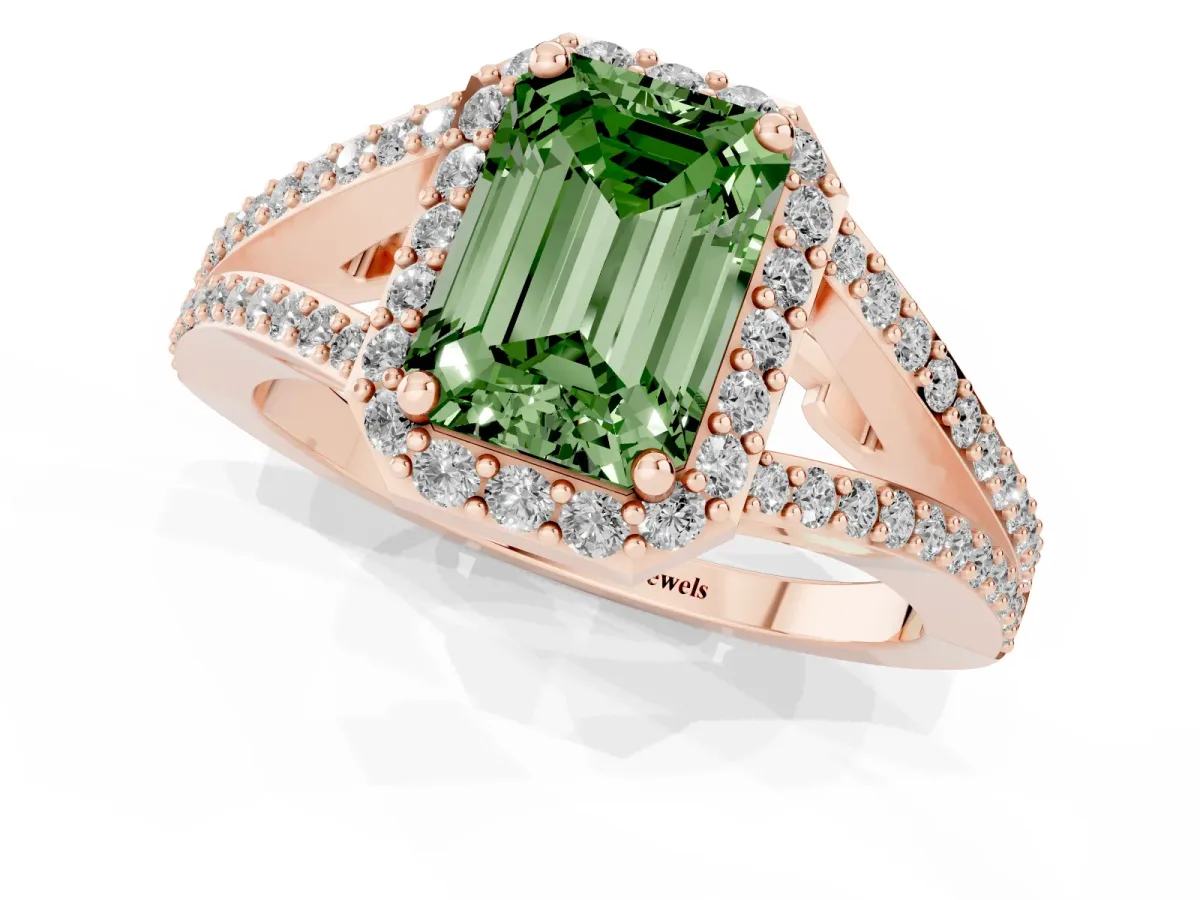 Fancy Green Emerald Cut Halo Split Shank Diamond Ring with Prong Setting Rose gold