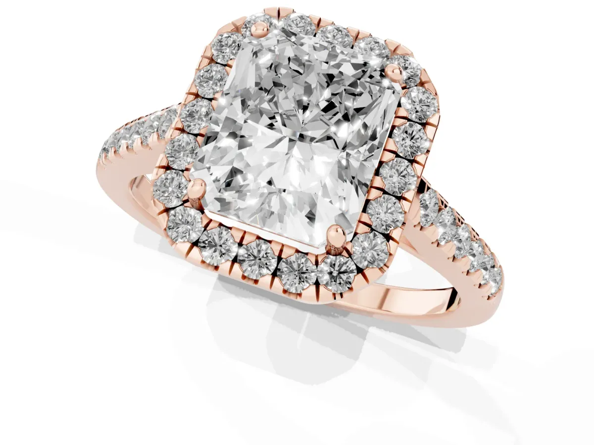 Radiant Cut Halo Pave Diamond Engagement Ring with Four-Prong Setting Rose gold