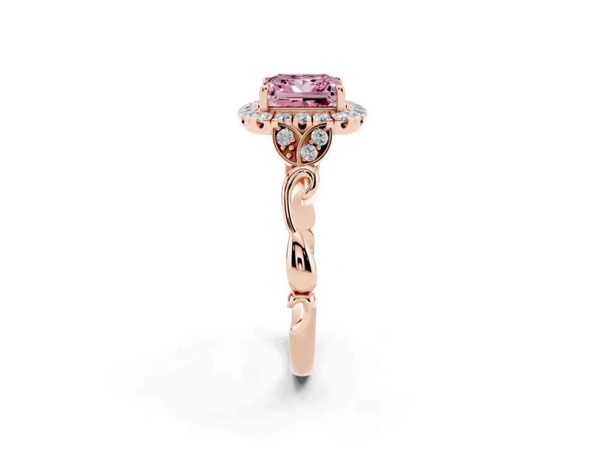 Fancy Pink Princess Cut Halo Diamond Engagement Ring with Vintage-Inspired Band and Four-Prong Setting Rose gold