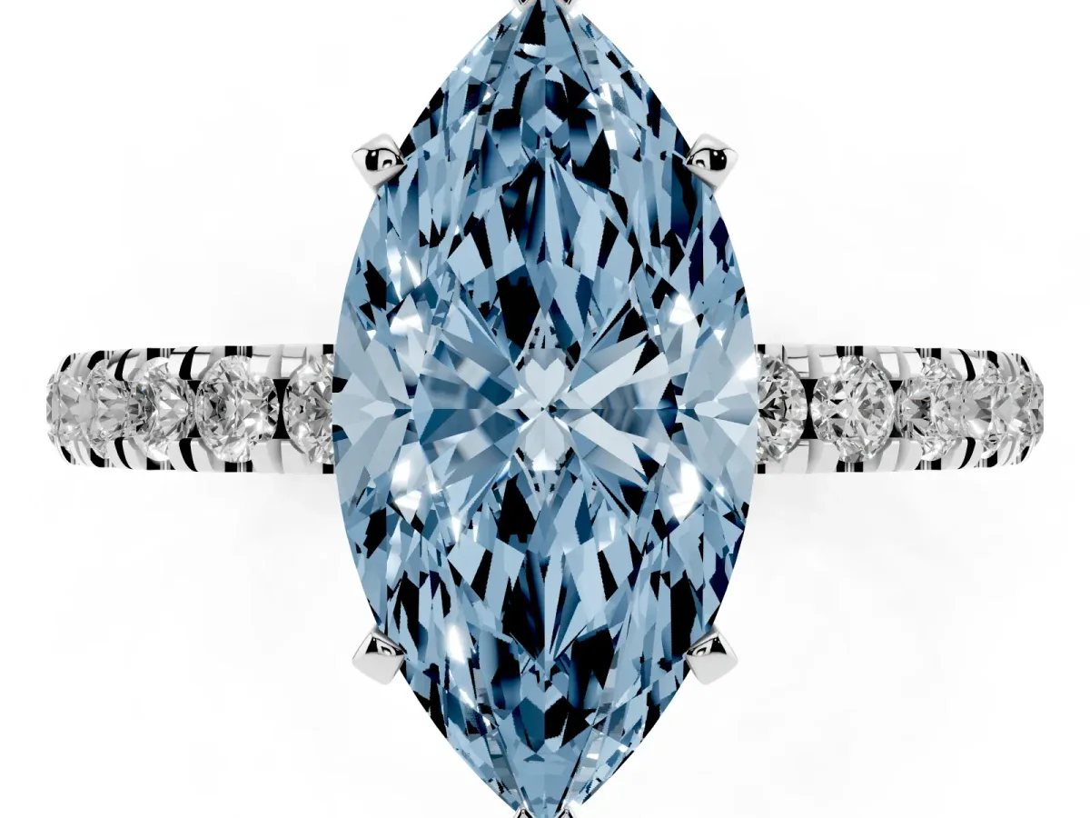 Fancy Blue Marquise Cut Diamond Solitaire Ring with Pavé Accents and Four-Prong Setting Silver