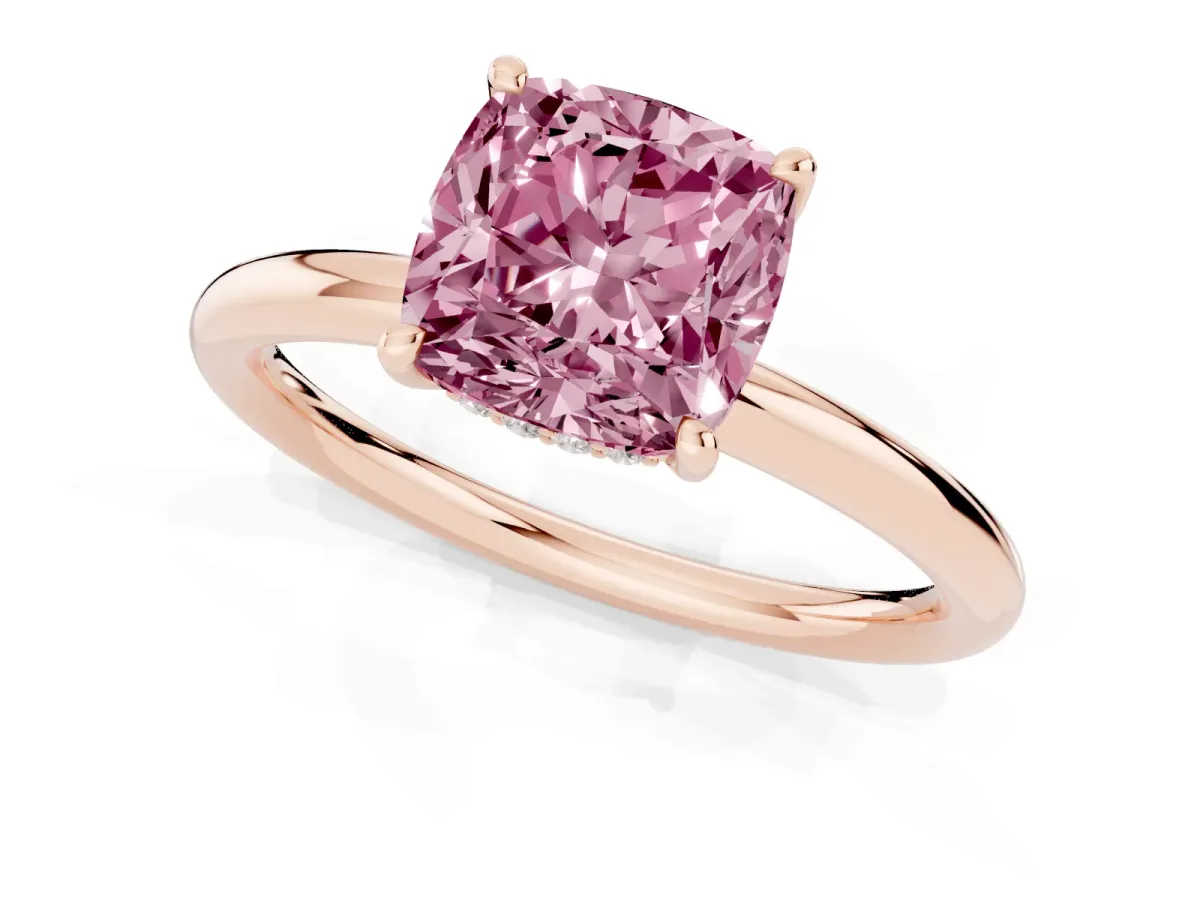 Fancy Pink Cushion Cut Diamond Solitaire Ring with Thin Band and Four-Prong Setting Rose gold