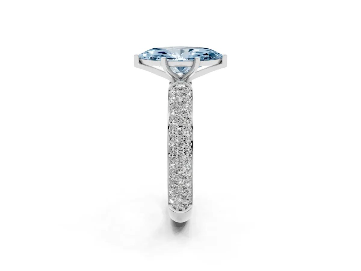 Fancy Blue Marquise Cut Diamond Solitaire Ring with Prong Setting and Pavé Band Silver
