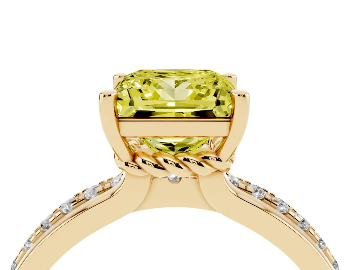 Fancy Yellow Princess Cut Solitaire Diamond Ring with Channel Set Band and Six-Prong Setting Yellow gold