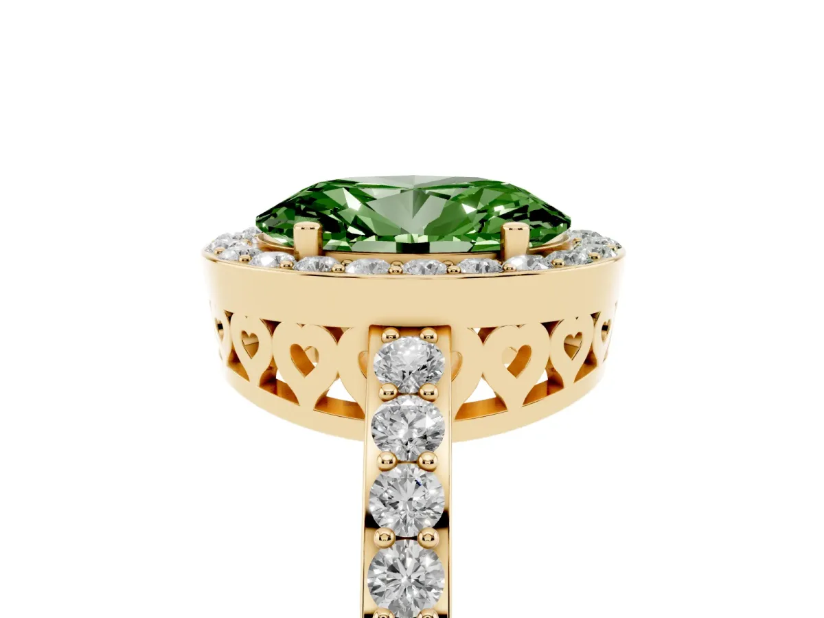 Fancy Green Oval Cut Halo Diamond Pavé Band Ring with Prong Setting Yellow gold